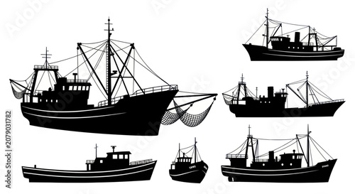 Konstfotografi Set of commercial fishing boat and trawler silhouettes