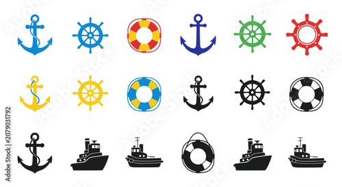 Obraz na plátně Colorful nautical icons including anchors ship wheels and lifebuoys