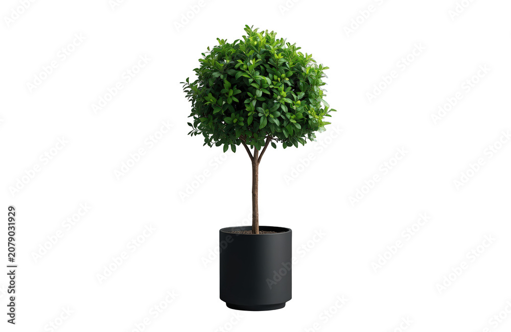 Naklejka premium Green topiary tree in a black pot, adding natural decor and fresh foliage to interior spaces, transparent background