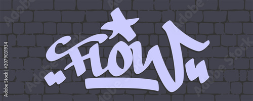 Tableau sur toile Flow word hand drawn in light purple marker graffiti tag style on a dark brick background