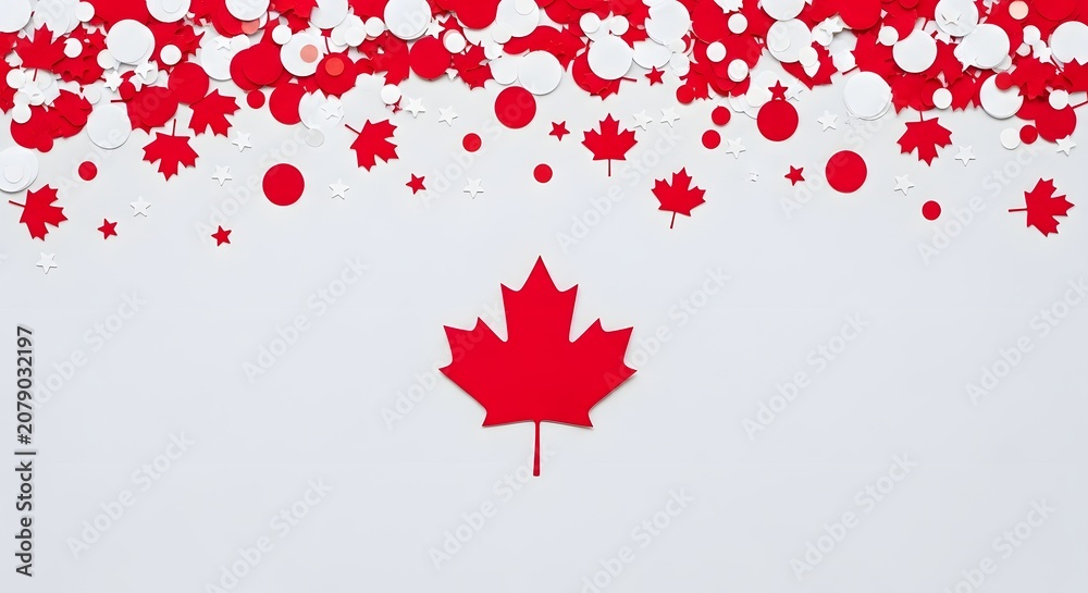 Fototapeta premium Happy Thanksgiving Minimalist red maple leaf cutout with festive circular paper confetti on white background for clean seasonal graphic design