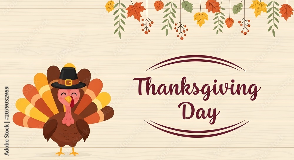 Naklejka premium Happy Thanksgiving Cute cartoon turkey wearing pilgrim hat on rustic wooden plank background with autumn leaves and seasonal berries border