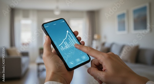 Man holding phone with financial graph showing growth. Person analyzing digital stock market data for investment analysis in smart home environment.