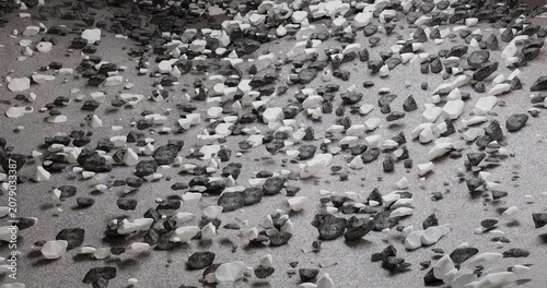 Fotografi 3D illustration of a textured surface strewn with many small stones, pebbles and rock fragments, microgranules of plastic on a sandy or unpaved base