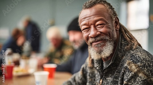 Positive Senior African American Man Smiling at a Volunteer Food Kitchen Serving Homeless Shelter.