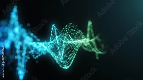 Abstract Blue and Teal Glowing Particle Wave with Plexus Lines - Futuristic Digital Data, DNA, and Technology Concept Motion Graphic on Dark Background

