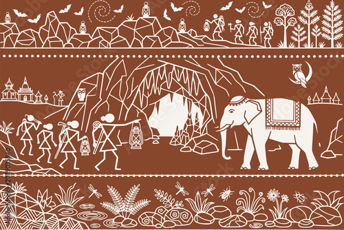 Foto Warli tribal style illustration of villagers and a Thai-Indian elephant explorin