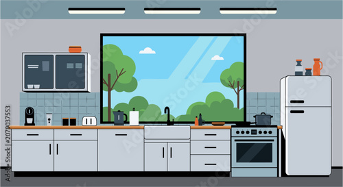 Tableau sur toile Modern kitchen interior with large window overlooking lush green trees and blue
