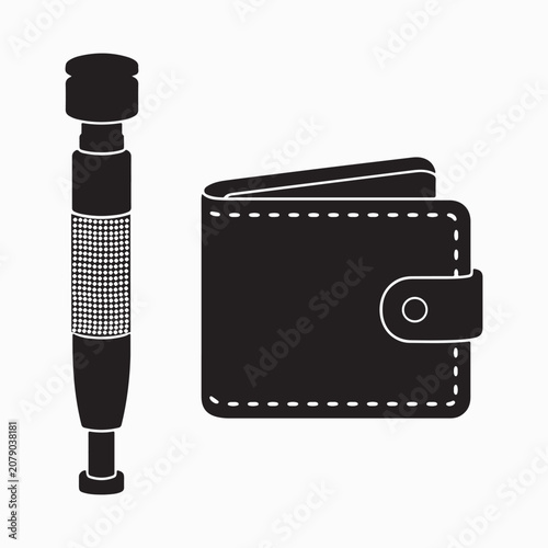 Black Silhouette Hand Tool and Leather Wallet Vector Icon Set Isolated on White Background