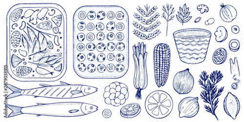 Vintage style sardine and ingredient collection vector illustration blue monochrome