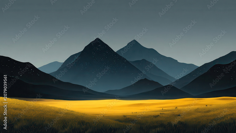 Obraz premium Stylized mountains under a starry sky overlook a glowing golden field, capturing the serene beauty of a twilight landscape.