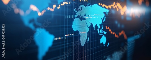 A digital, stylized world map made of blue glowing databinary bits, overlaid with orange financial stock market chartscandlesticks on a dark grid background. Close-up, shallow depth of