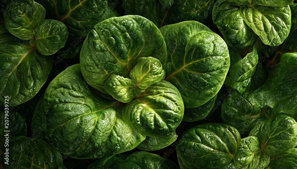 Fototapeta premium Fresh Raw Spinach Leaves Full Frame Background Texture close up showing Deep Green Glossy Pattern