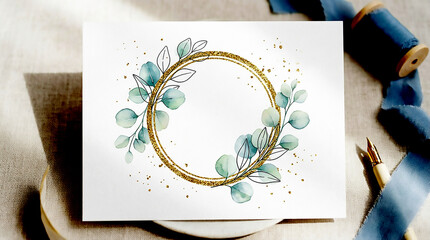 Watercolor eucalyptus wreath with round gold glitter frame isolated on white background
