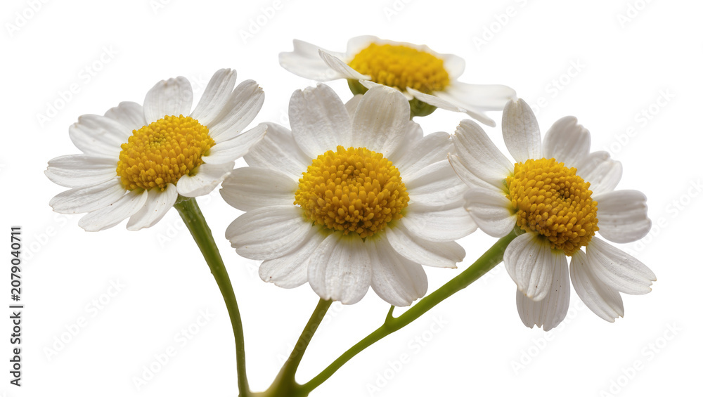 Obraz premium Isolated charming group of white daisy-like flowers with bright yellow centers and fresh green stems.