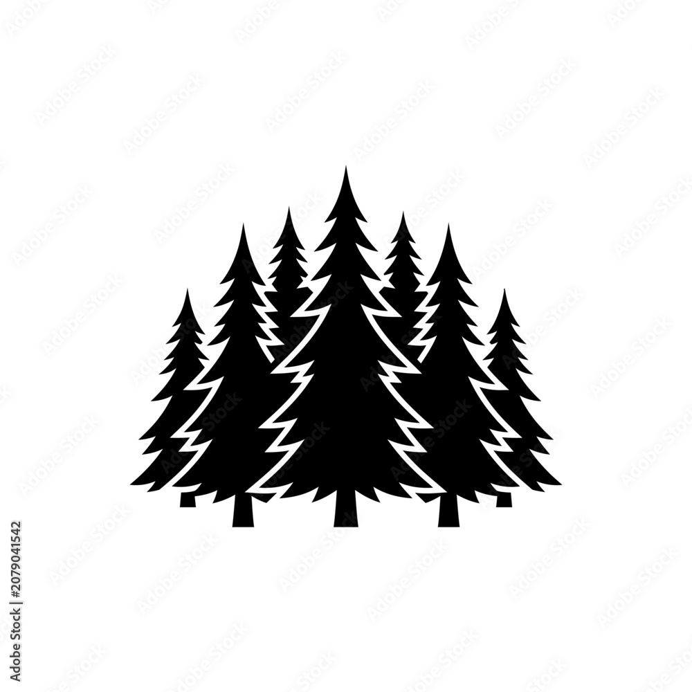 Obraz premium Pine forest scenery featuring cluster of evergreen trees with conical shapes standing together as woodland nature element for landscape graphic design projects monochrome vector illustration art style
