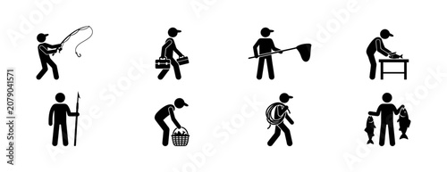 Photos Set of fishing icons illustrating various activities such as casting line catching fish carrying gear using nets, cleaning catch at table representing professional angling hobby lifestyle silhouettes