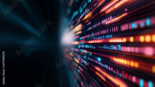 Image An abstract, high-speed digital concept. It features colorful streaks of light (cyan, red, orange, pink) arranged in patterns that look like data, code, or sound waves. There's a