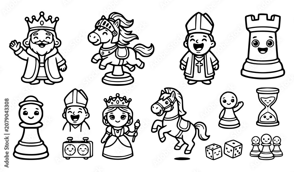 Fototapeta premium Chess Piece Cartoon Character Collection Featuring King Queen Knight Bishop Rook Pawn and Game Elements
