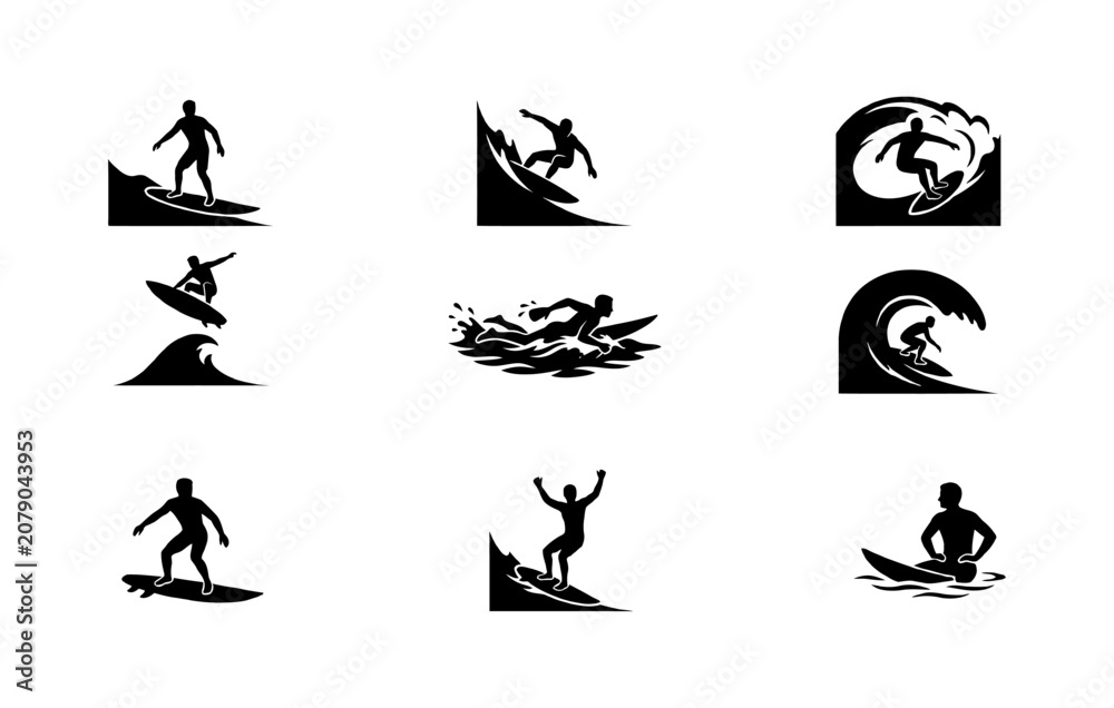 Fototapeta premium Set of nine surfer silhouettes riding ocean waves in various action poses with surfboard black and white vector illustration for extreme water sports design.
