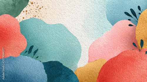 Abstract watercolor background featuring organic shapes in various colors like teal, coral, gold, and blue, with subtle leaf motifs.
