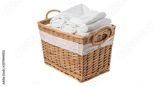 Cuadro en lienzo Woven wicker laundry basket filled with neatly folded white towels isolated on t