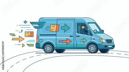 A blue delivery van driving on a road with packages and arrows