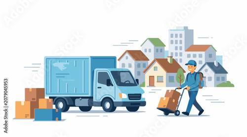 A delivery man in blue uniform pulls a dolly with packages next to a blue truck and cardboard boxes with houses and bui