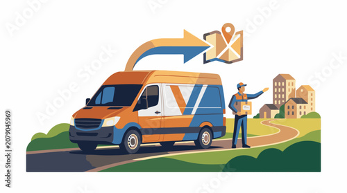 A delivery man standing beside an orange and blue van on a winding road