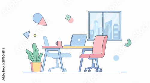 A modern office scene with a desk laptop chairs plant and cityscape view
