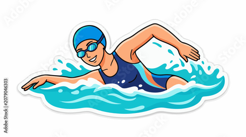 A smiling female swimmer wearing a blue cap and goggles swims through water