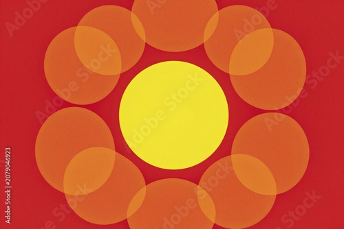 An orange and yellow sun in the middle of a red circle