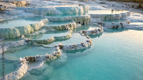 Aerial view of layered translucent mineral terraces in turquoise thermal pools under clear sky