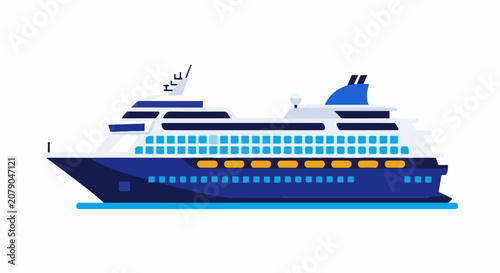 A stylized flat-design illustration of a large blue cruise ship with many windows and yellow accents on a white backgr