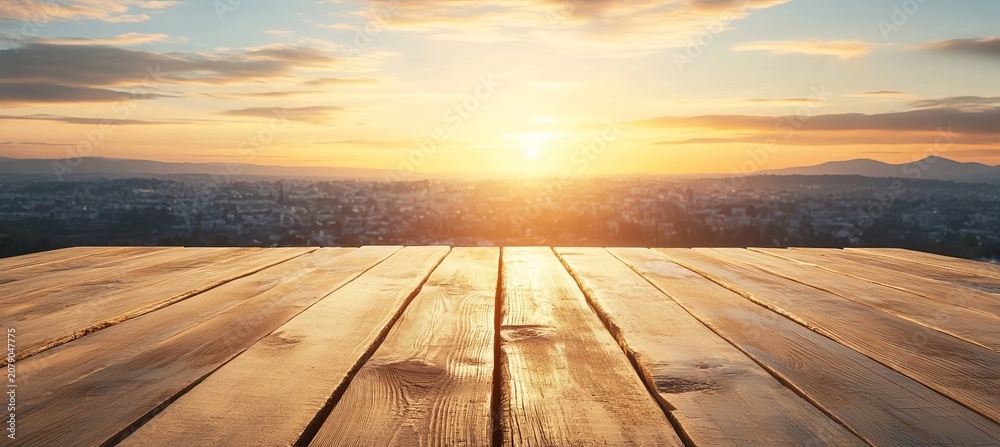 Fototapeta premium Rustic brown wooden table surface with a beautiful sunset cityscape background in morning light