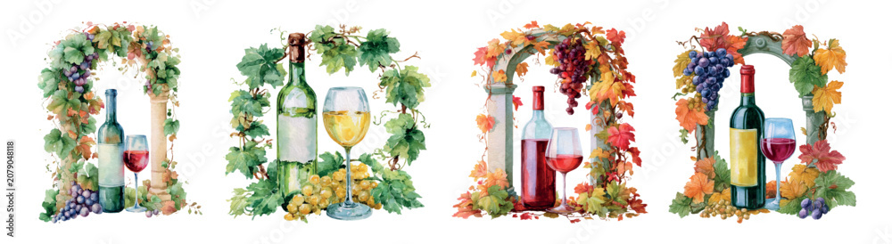 Obraz premium Watercolor vineyard arches and borders featuring red and white wine bottles with glasses and fresh grapes, illustrating winemaking traditions and the bounty of the harvest season