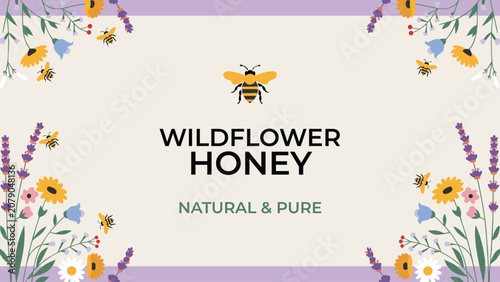 Wildflower honey product label design, floral background