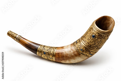 Ornate ceremonial horn with golden engraving isolated on white background showcasing ancient craftsmanship