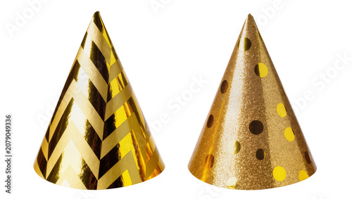 Foto Isolated golden party hats with geometric patterns and glittery polka dots for c