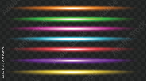 Quadro em tela Vibrant multicolored horizontal light streaks glowing brightly on a dark background with a subtle checkered pattern