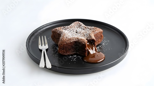 Star shaped molten lava chocolate cake with silver fork chocolate powdered