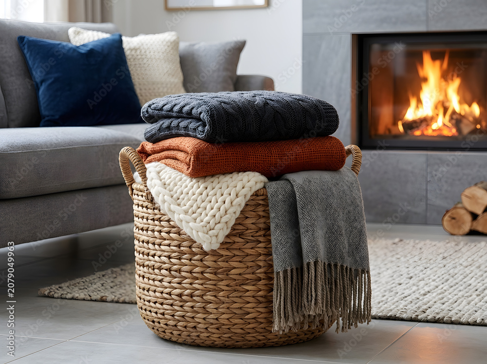 Fototapeta premium Cozy Living Room Decor with Fireplace and Blanket Basket | Stacking Knitted Throw Blankets in Woven Storage | Warm Winter Home Aesthetics with Burning Fireplace | Knitted Chunky Blankets