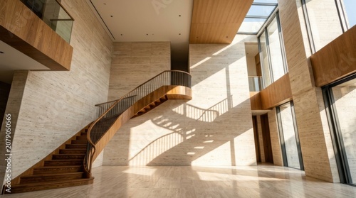 Modern spiral staircase in minimalist architectural interior with natural light and shadows