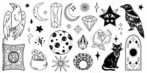 Photos Magical Elements Collection Black And White Line Art Illustration