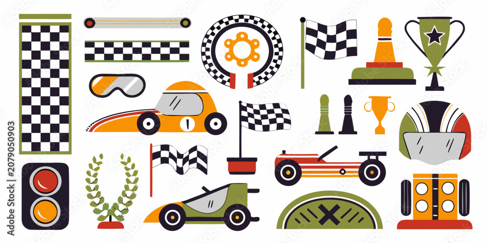 Obraz premium Racing Elements Collection Vector Illustration With Checkered Flags And Race Cars