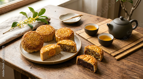 Traditional chinese mooncakes with tea set on wooden table