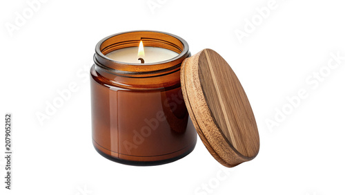 Scented wax candle in amber glass jar with separate wooden lid isolated on transparent background