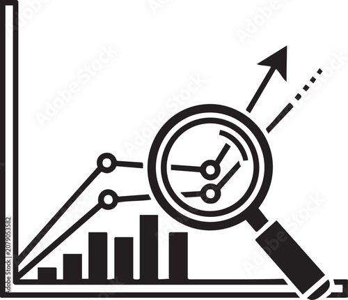 A magnifying glass examines a rising graph with a clock and increasing arrow.