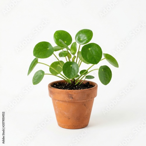 Small coin plant in terracotta pot isolated on white