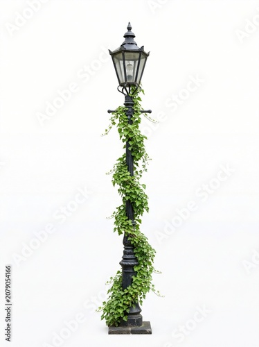 Classic Lamp Post Covered in Ivy on White Background